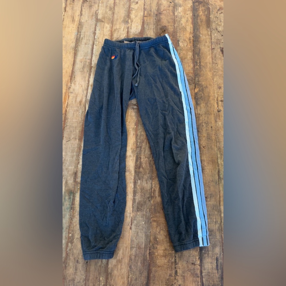 Aviator Nation charcoal sweatpants with blue stripes!